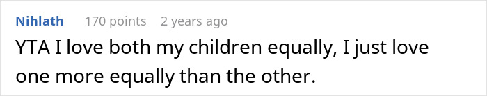 A comment stating YTA for the inheritance decision, highlighting unequal love between children. A comment stating YTA for the inheritance decision, highlighting unequal love between children.