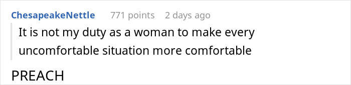 An online user comment highlighting a woman's perspective on uncomfortable situations and vaccine arguments. An online user comment highlighting a woman's perspective on uncomfortable situations and vaccine arguments.