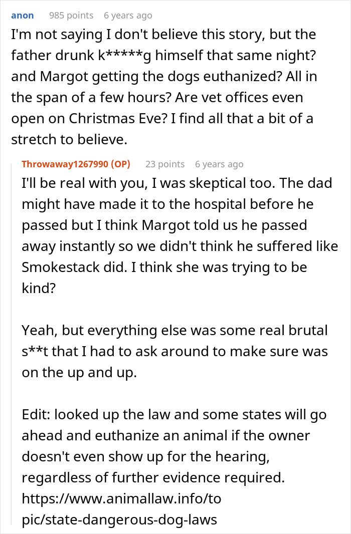 A screenshot from Reddit, discussing the skepticism about the dogs attack and their quick euthanasia. A screenshot from Reddit, discussing the skepticism about the dogs attack and their quick euthanasia.