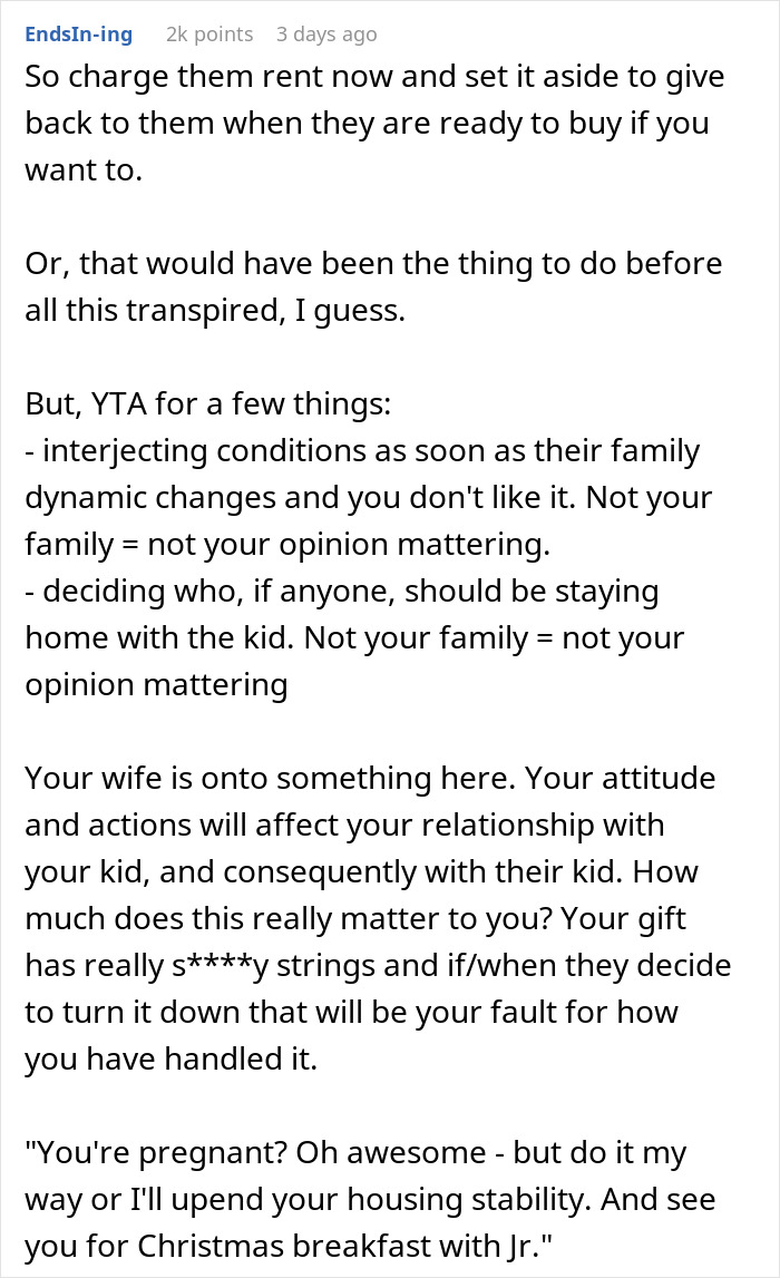 A comment about parents giving son free housing, discussing freeloading plans and family dynamics.