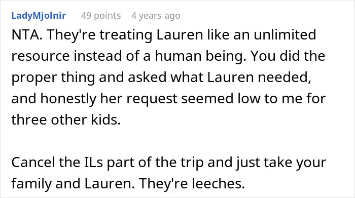 A screenshot of a comment about a woman bringing a nanny on vacation, suggesting to cancel the in-laws part of the trip for free childcare. A screenshot of a comment about a woman bringing a nanny on vacation, suggesting to cancel the in-laws part of the trip for free childcare.