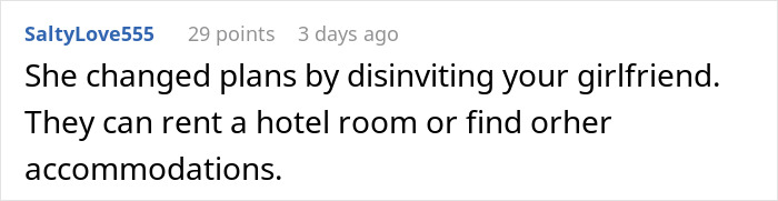 A comment suggesting alternative accommodations for a wedding guest after a bride changed plans. A comment suggesting alternative accommodations for a wedding guest after a bride changed plans.