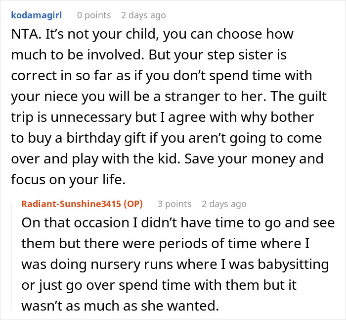 A Reddit comment from kodamagirl stating the woman can choose her involvement but will be a stranger to the kid.