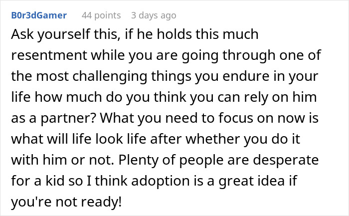 Comment discussing resentment in pregnancy test situation Comment discussing resentment in pregnancy test situation