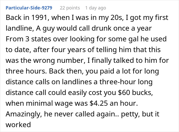 A Reddit comment discussing a guy's petty revenge involving a wrong number call for a decade. A Reddit comment discussing a guy's petty revenge involving a wrong number call for a decade.
