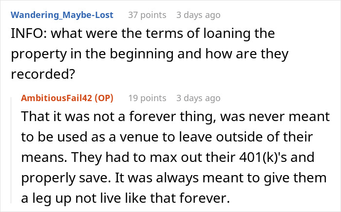 A screenshot of a Reddit discussion where parents provided free housing for their son to save for a future.