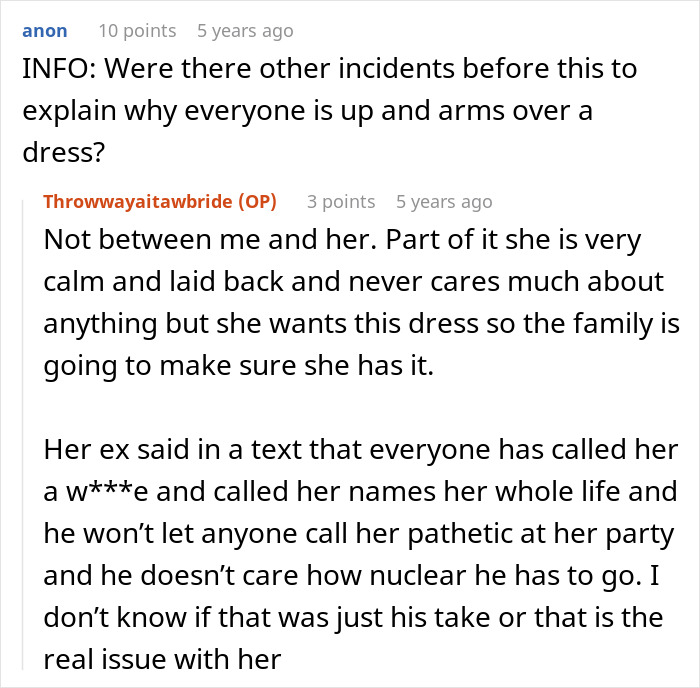 A Reddit comment asking for more information on the wedding dress drama, revealing past family conflict. A Reddit comment asking for more information on the wedding dress drama, revealing past family conflict.