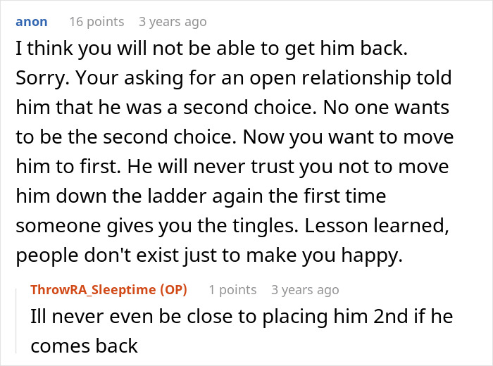 A comment thread on Reddit explaining how asking for an open relationship makes a partner feel like a second choice A comment thread on Reddit explaining how asking for an open relationship makes a partner feel like a second choice