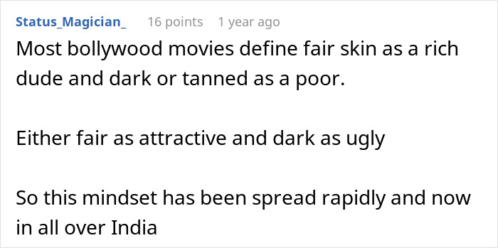 A social media comment discussing Bollywood movies and the cultural implications of fair versus dark skin. A social media comment discussing Bollywood movies and the cultural implications of fair versus dark skin.
