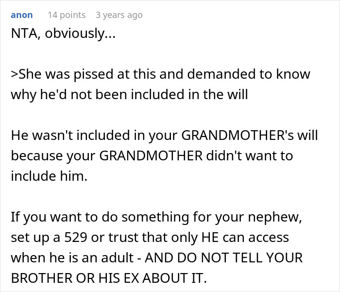 A comment emphasizes that the woman's grandmother's will is final and advises a discreet trust for the nephew to avoid inheritance drama. A comment emphasizes that the woman's grandmother's will is final and advises a discreet trust for the nephew to avoid inheritance drama.