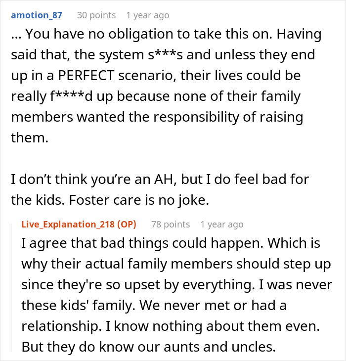 A Reddit discussion where a user suggests the man has no obligation to save his half-siblings from foster care.