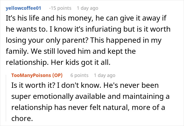 A screenshot of a Reddit comment section, where a widowed dad remarries and excludes his daughters from the will. A screenshot of a Reddit comment section, where a widowed dad remarries and excludes his daughters from the will.
