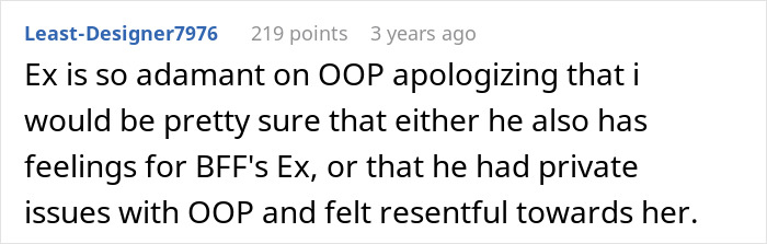 A comment discussing an ex being adamant about an apology and having feelings or issues with the GF driving drunk women. A comment discussing an ex being adamant about an apology and having feelings or issues with the GF driving drunk women.