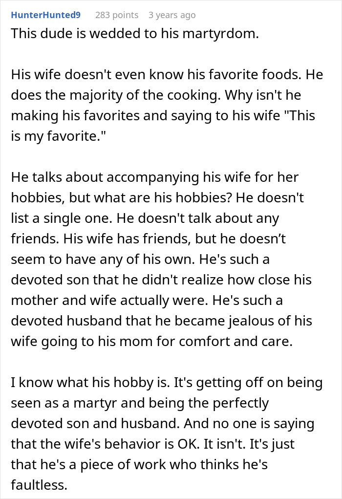 Comment discussing devotion and martyrdom in a marriage with a sick mom involved