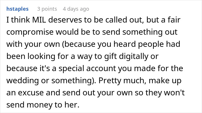 Commenter proposing a solution to bypass a scamming MIL demanding wedding dinner money. Commenter proposing a solution to bypass a scamming MIL demanding wedding dinner money.