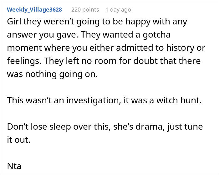 A Reddit comment describing the bride's behavior as a witch hunt against the groom's female bestie. A Reddit comment describing the bride's behavior as a witch hunt against the groom's female bestie.