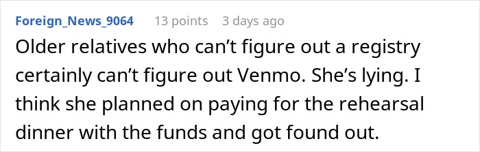 Social media comment on how the MIL planned to pay for the rehearsal dinner with wedding guests money Social media comment on how the MIL planned to pay for the rehearsal dinner with wedding guests money