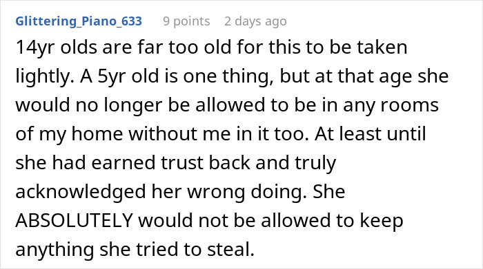 A comment emphasizing the severity of a 14YO sneaking an aunt's sapphire engagement ring, highlighting trust issues.