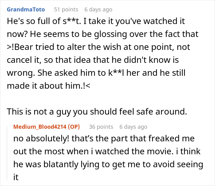 Reddit user criticizing a guy's view on the movie obsession plot