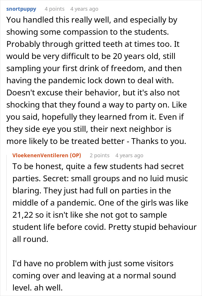 A screenshot of a Reddit comment about students turning their home into a bar with loud parties. A screenshot of a Reddit comment about students turning their home into a bar with loud parties.