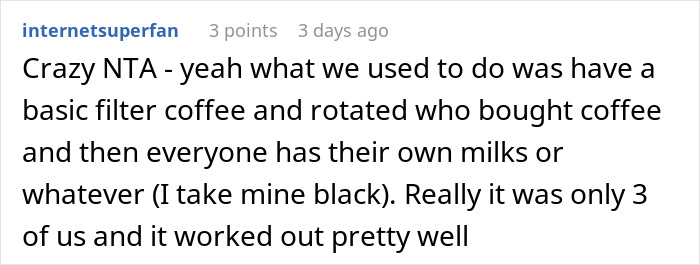 An online comment discussing a workplace coffee machine rotation system among office coworkers.