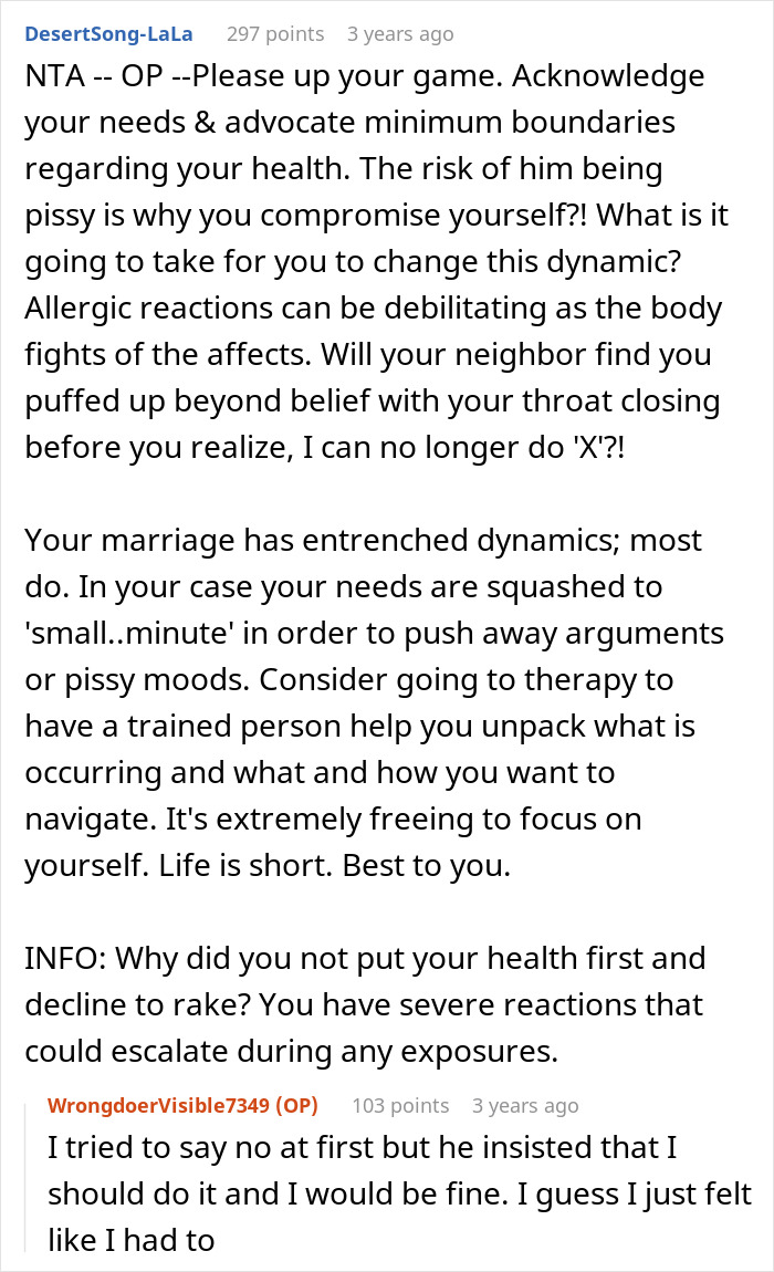 User advises woman to set boundaries and prioritize her health regarding her husband and raking allergy.