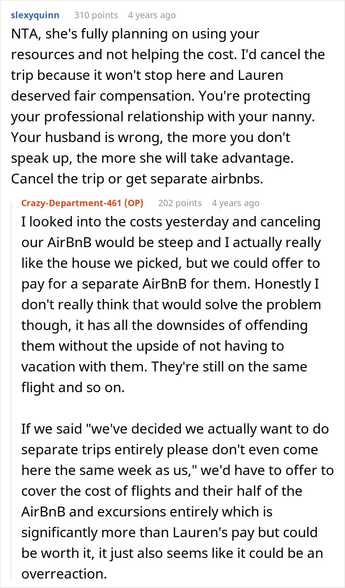 A screenshot of a comment discussing canceling the vacation or separate Airbnbs for the SIL and nanny. A screenshot of a comment discussing canceling the vacation or separate Airbnbs for the SIL and nanny.