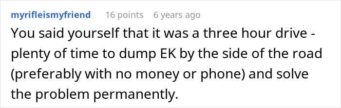 Comment suggesting abandoning son during three hour drive in roommates New York trip