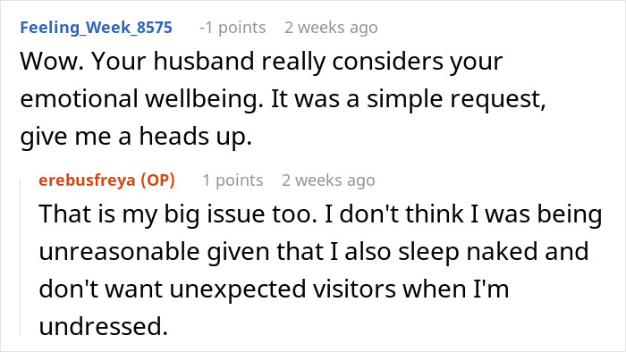 A comment about a husband not listening to his wife regarding her emotional wellbeing and unexpected visitors. A comment about a husband not listening to his wife regarding her emotional wellbeing and unexpected visitors.