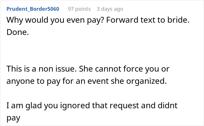 A comment asking why anyone would pay the MOH for a bridal shower and suggesting to forward texts to the bride.