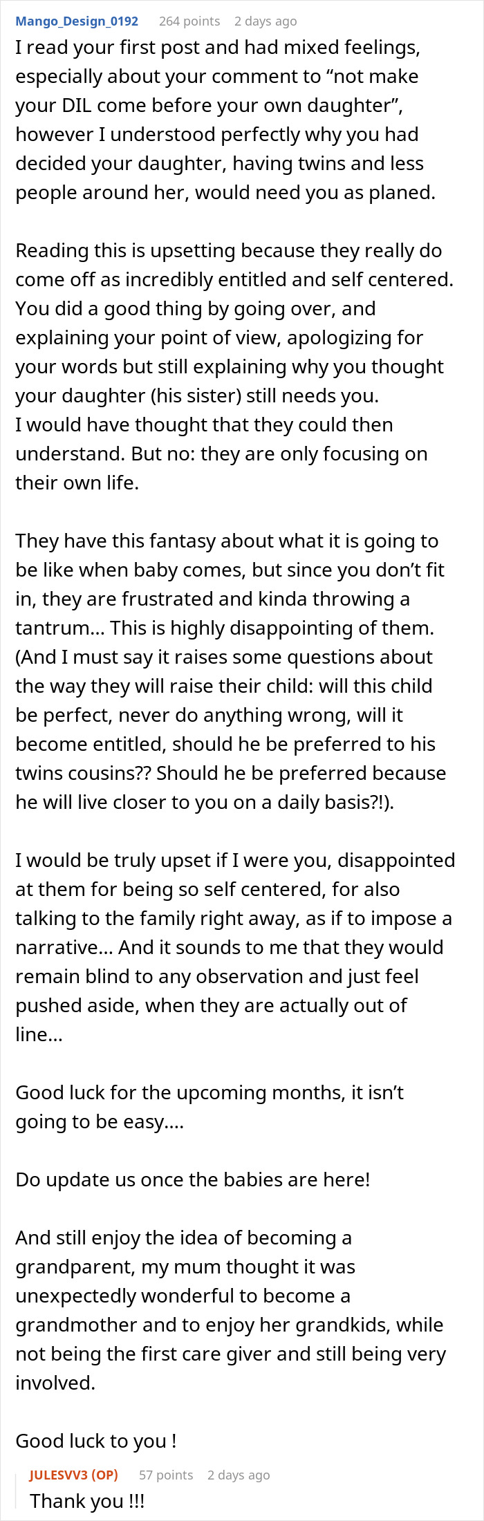 An online discussion about family conflict involving a grandmother and her twin newborns. An online discussion about family conflict involving a grandmother and her twin newborns.