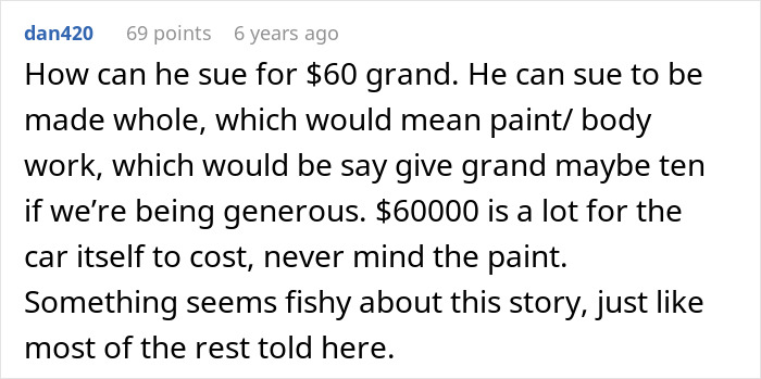 A comment debating the lawsuit amount, questioning how much a keyed car repair should cost for Dumb Karen.