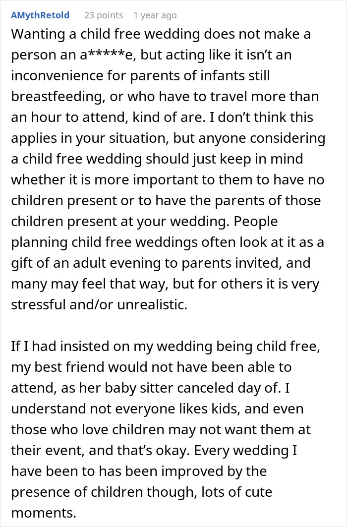 A comment on in-laws demanding child-free celebration exceptions, discussing the inconvenience of child-free weddings for parents.