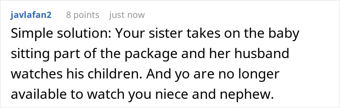 Comment suggesting sister take babysitting and husband watch kids
