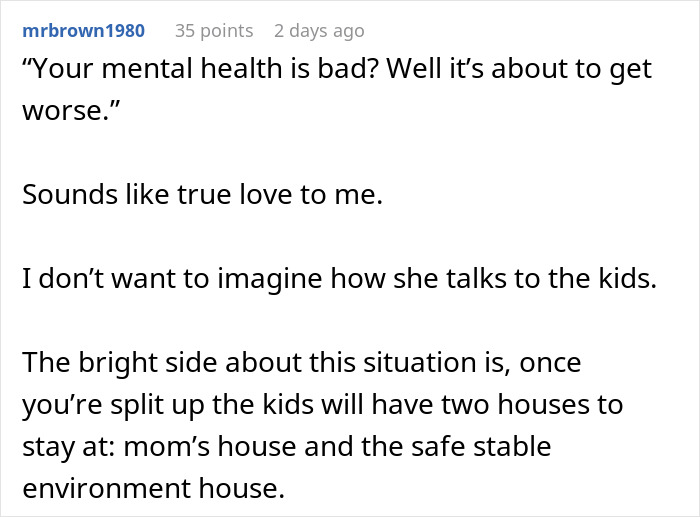 A comment about mental health in a post about vasectomy and divorce. A comment about mental health in a post about vasectomy and divorce.