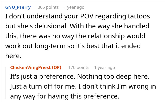 Screenshot of a Reddit comment discussing a woman who gets tattoos and her boyfriend leaving. Screenshot of a Reddit comment discussing a woman who gets tattoos and her boyfriend leaving.