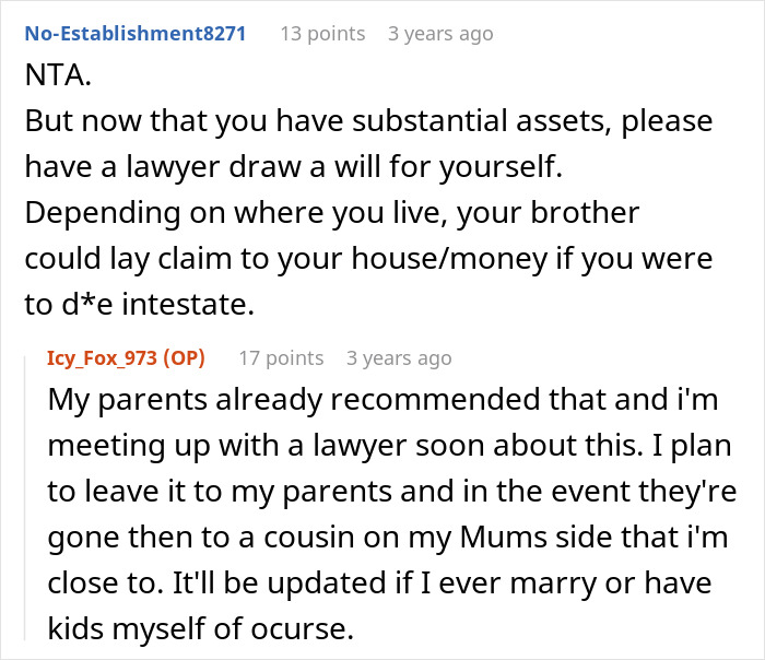Reddit comment suggesting a woman consult a lawyer for her will due to potential inheritance drama. Reddit comment suggesting a woman consult a lawyer for her will due to potential inheritance drama.
