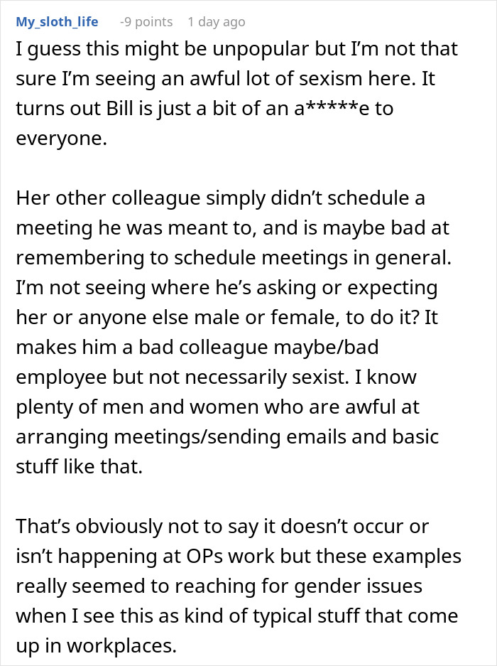 A comment discussing gender bias and workplace behavior from the online community A comment discussing gender bias and workplace behavior from the online community