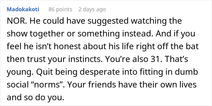A social media comment discussing dating norms and the idea of watching a show together. A social media comment discussing dating norms and the idea of watching a show together.