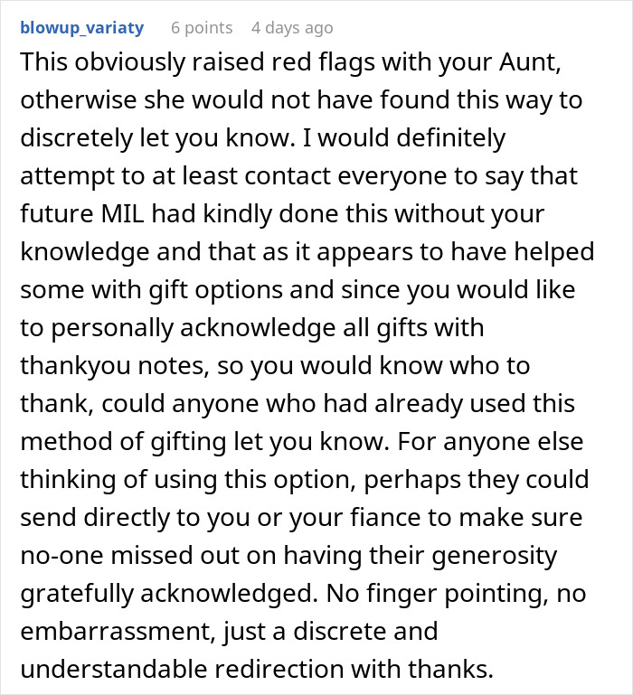 Comment offering advice on handling MIL wedding scam tactfully. Comment offering advice on handling MIL wedding scam tactfully.