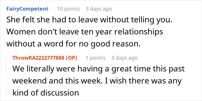 A screenshot of a Reddit comment discussion on why his GF suddenly leaves while he's at work after he proposes. A screenshot of a Reddit comment discussion on why his GF suddenly leaves while he's at work after he proposes.