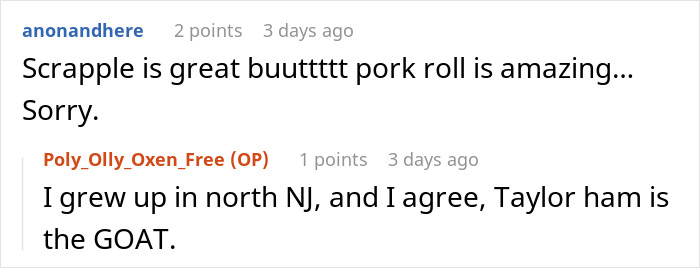A screenshot of a reddit comment debating scrabble versus pork roll for breakfast, referencing a man's BIL. A screenshot of a reddit comment debating scrabble versus pork roll for breakfast, referencing a man's BIL.