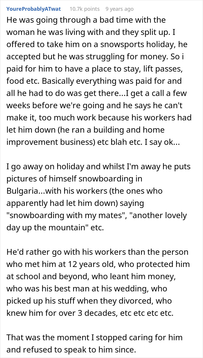 Social media comment describing a fake friend lying about a trip to go snowboarding.