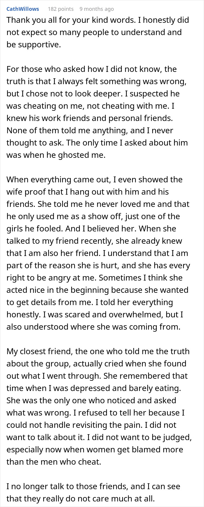 A woman recounts her relationship nightmare, sharing her painful reality check with friends who failed to support her. A woman recounts her relationship nightmare, sharing her painful reality check with friends who failed to support her.