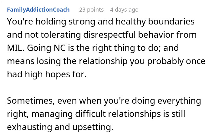 A comment supporting parents who cut off a MIL, validating their boundaries and decision to go no contact. A comment supporting parents who cut off a MIL, validating their boundaries and decision to go no contact.