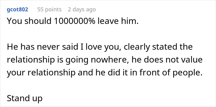 A screenshot of a Reddit comment section discussing a boyfriend who wont marry his girlfriend after 5 years and never says I love you.