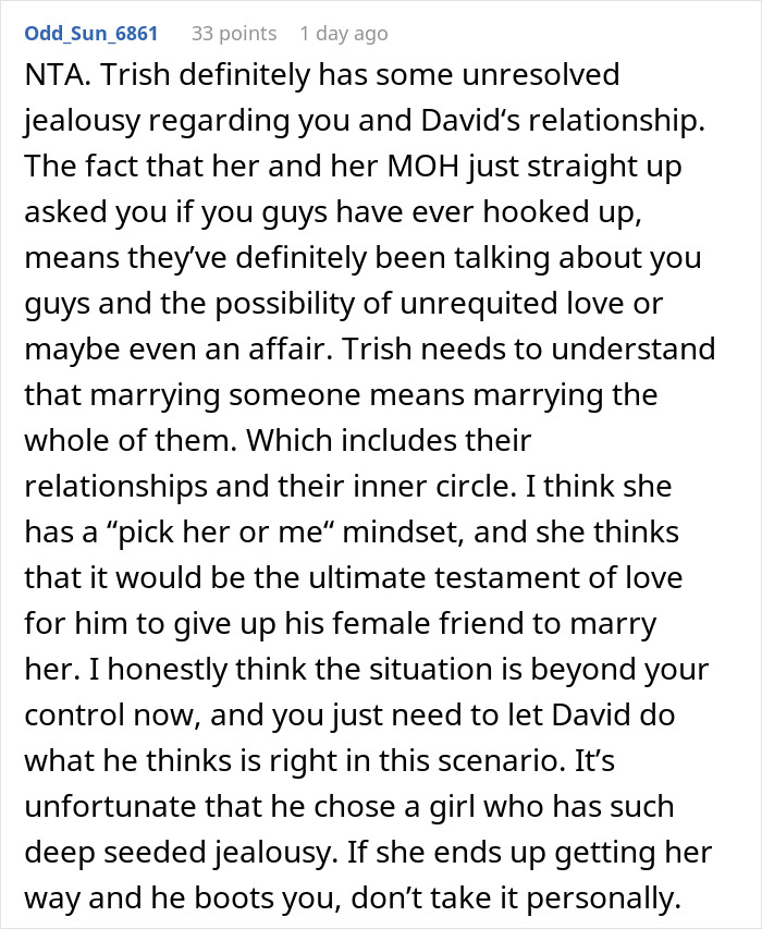 A comment detailing how the bride's jealousy over the groom's female bestie is causing issues. A comment detailing how the bride's jealousy over the groom's female bestie is causing issues.