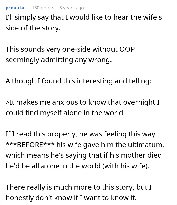 Comment requesting the wife's perspective in a marriage conflict with sick mom