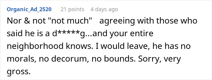 A screenshot of a comment discussing a husband flirting and the marriage breaking point, suggesting the husband has no morals.