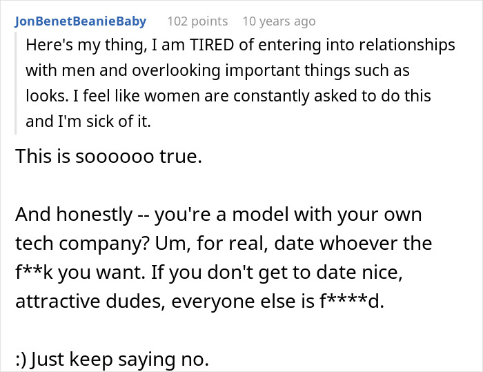 A screenshot of a comment about a model friend not having it with a guy who thinks his buddy needs a hot GF. A screenshot of a comment about a model friend not having it with a guy who thinks his buddy needs a hot GF.